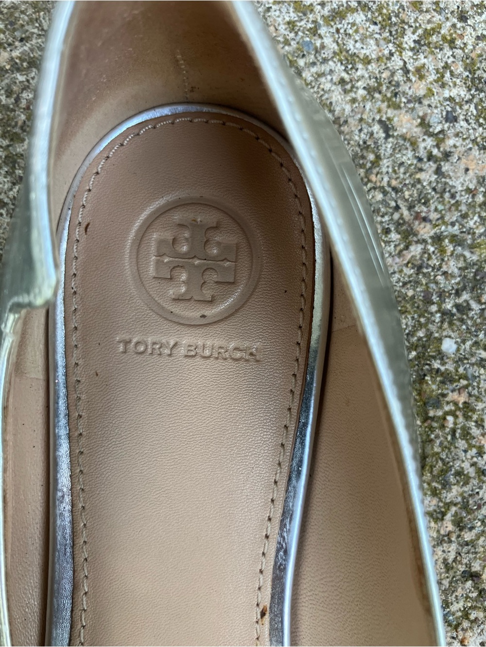 Tory Burch Metallic Silver Pointed-Toe Flats with Rosette Medallion - Picture 5 of 6